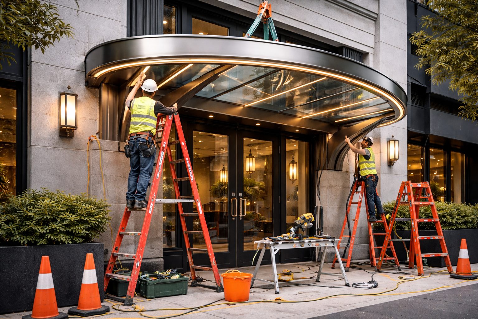 AVI Design installation crew mounting a commercial awning on a building