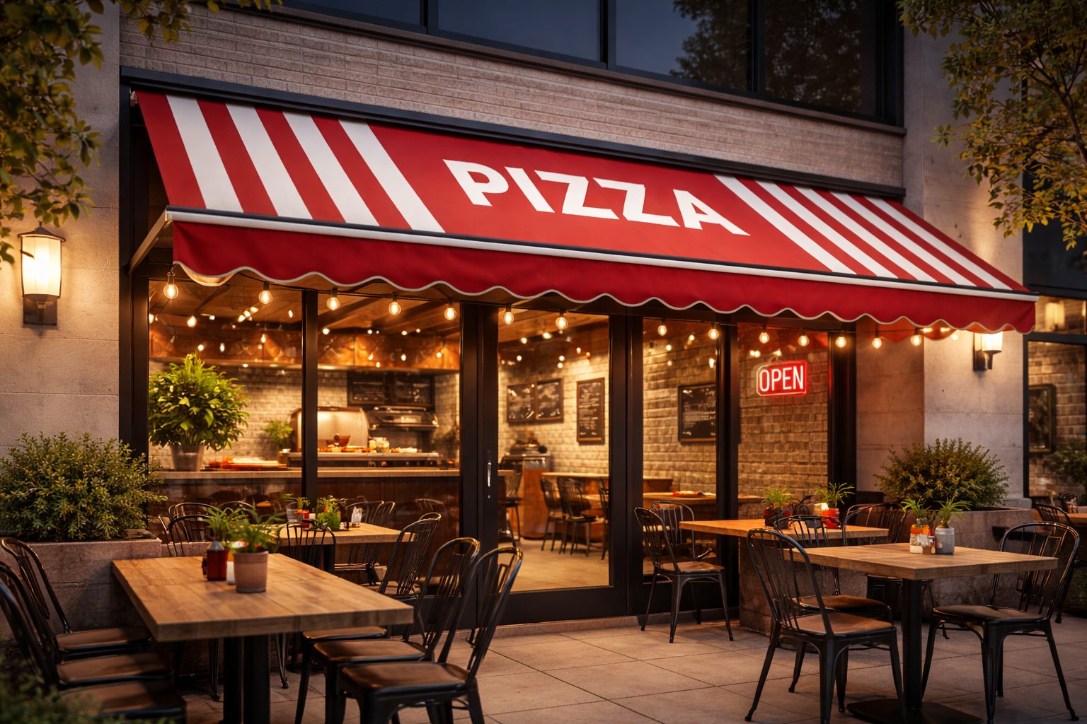 Retractable commercial awning extended over an outdoor dining patio