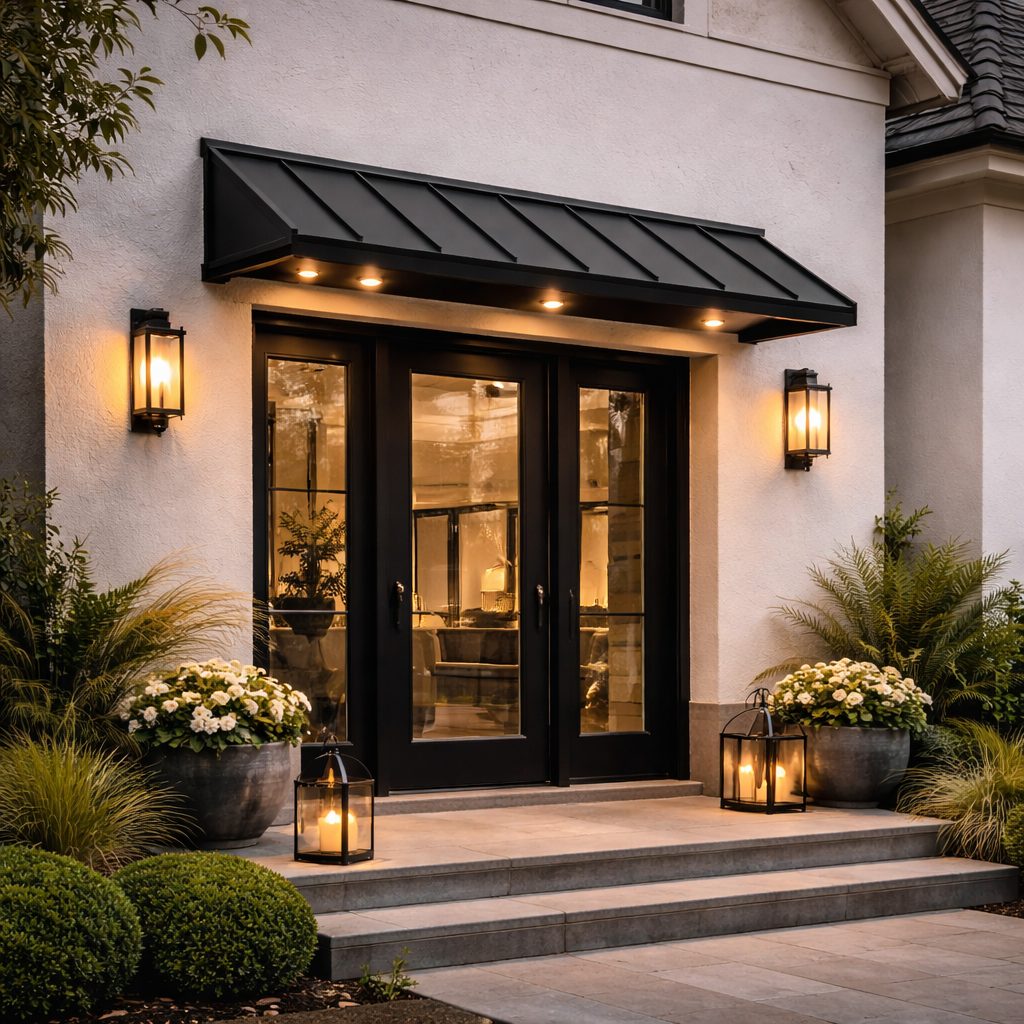 Decorative door hood awning over a home front entry