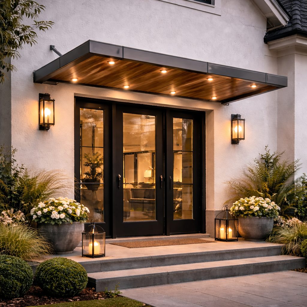 Architectural entrance canopy with integrated lighting on a building facade