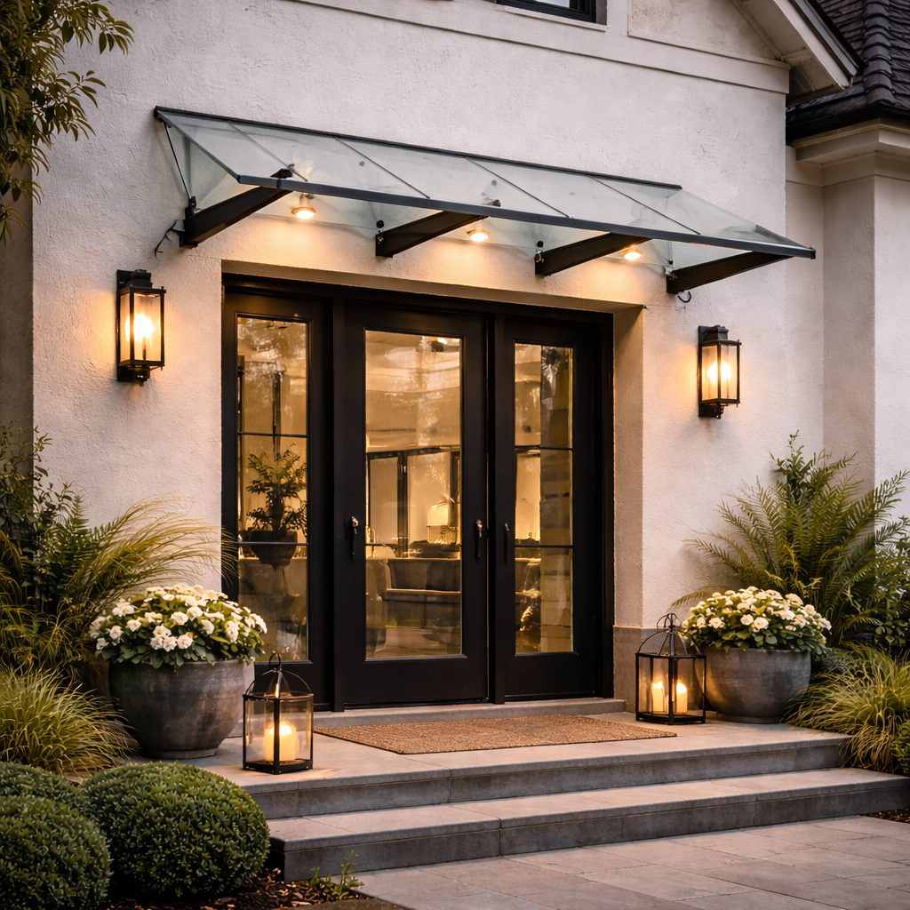 Modern glass and polycarbonate entrance canopy on an office building