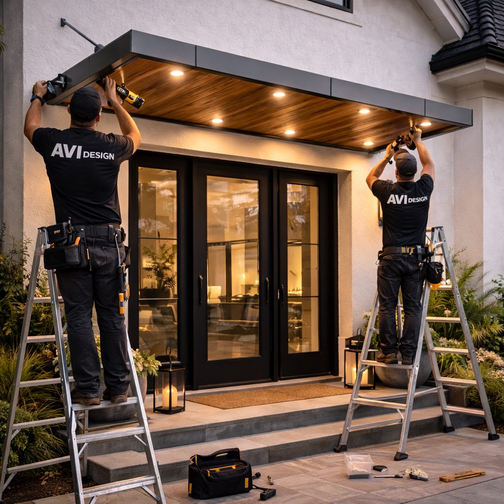 AVI Design team installing a custom door hood on a commercial building