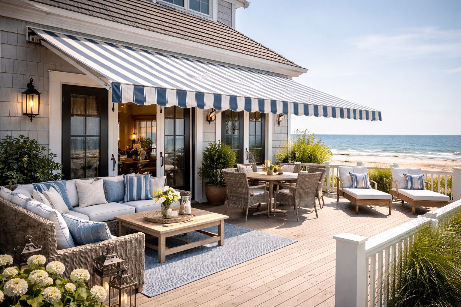 Custom deck awning providing shade over an outdoor deck
