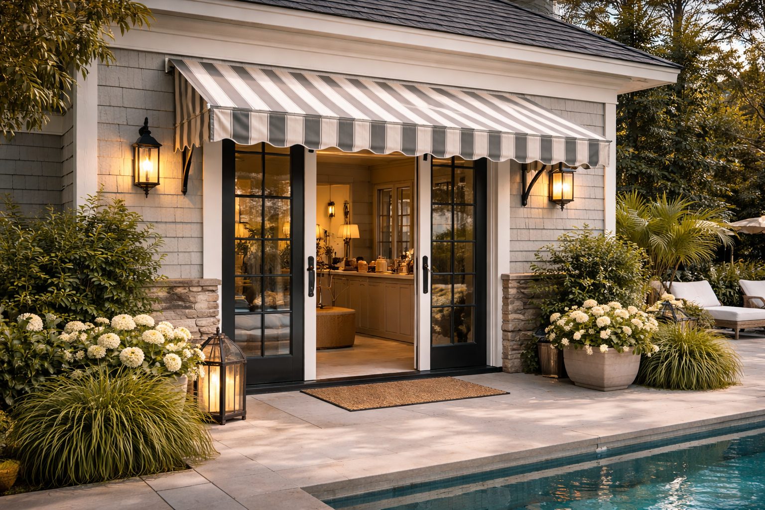 Custom entry awning over a front door on a New Jersey home