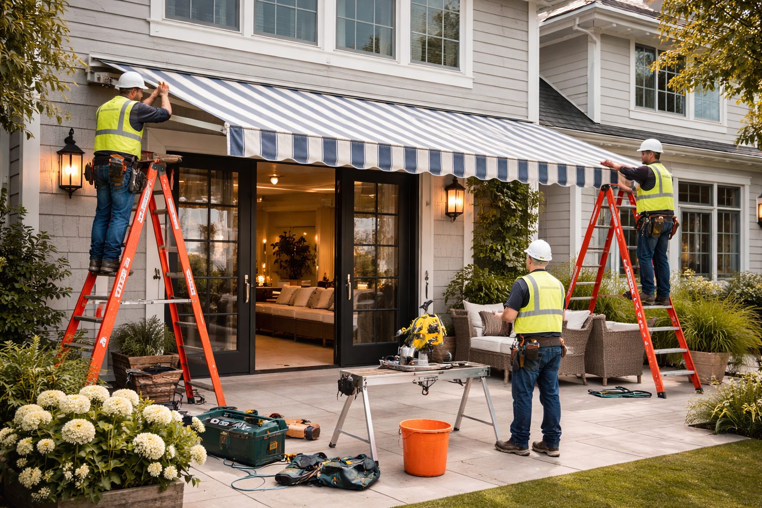 AVI Design team installing a residential awning on a New Jersey home