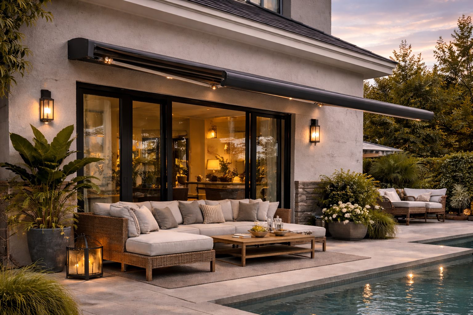 Cassette retractable awning fully enclosed when retracted on a modern home