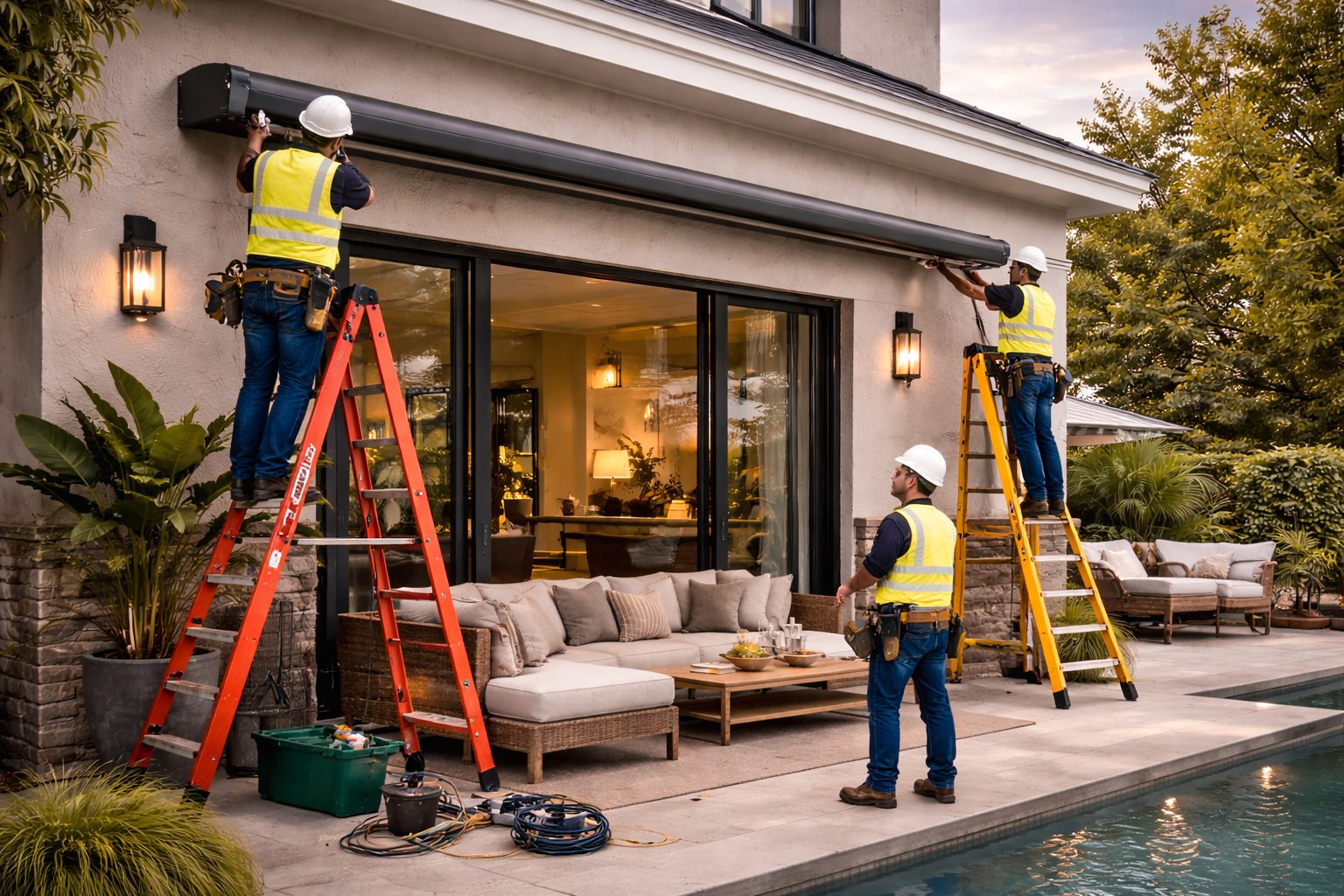 AVI Design technician installing a motorized retractable awning with smart sensors