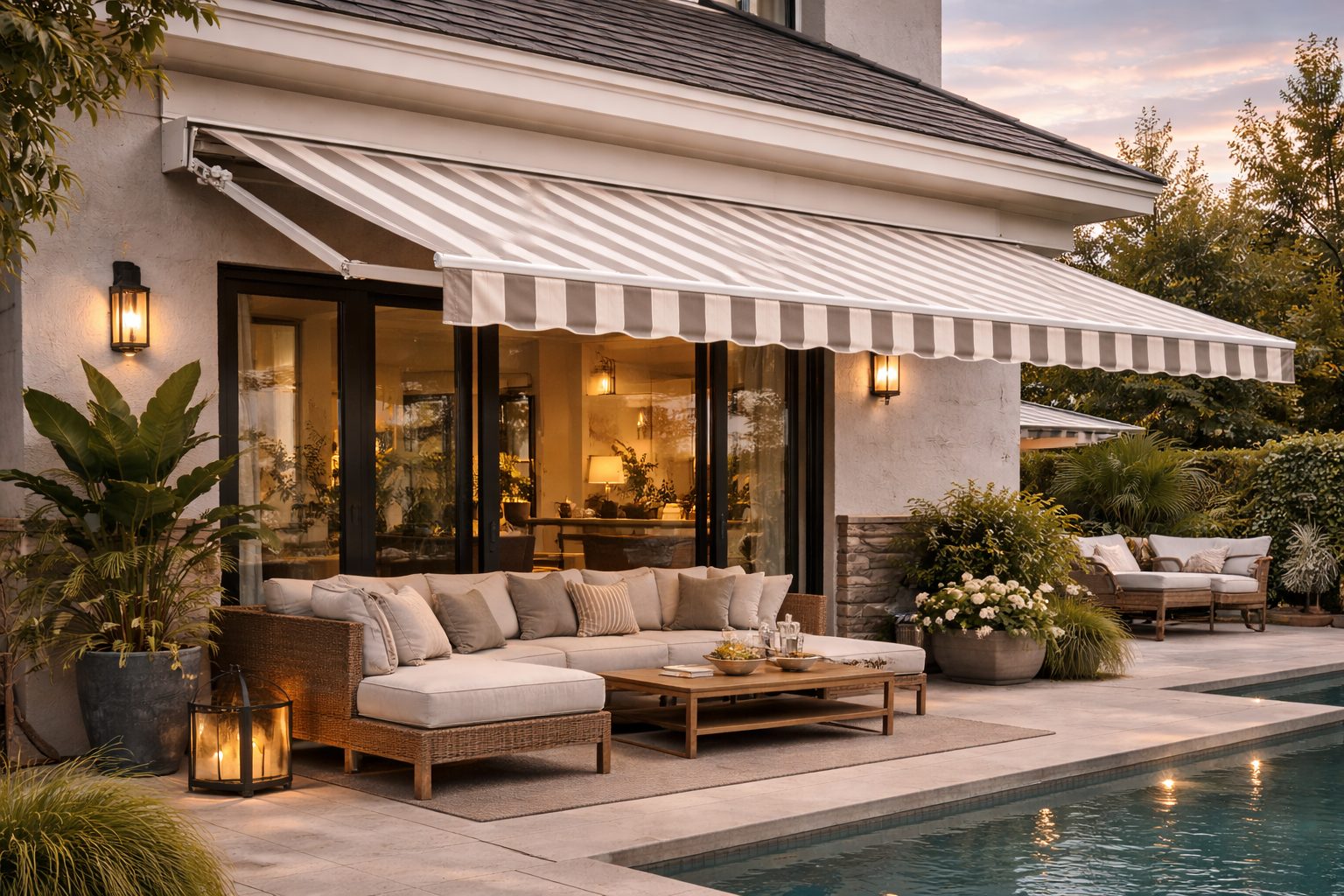 Lateral arm retractable awning over a commercial storefront