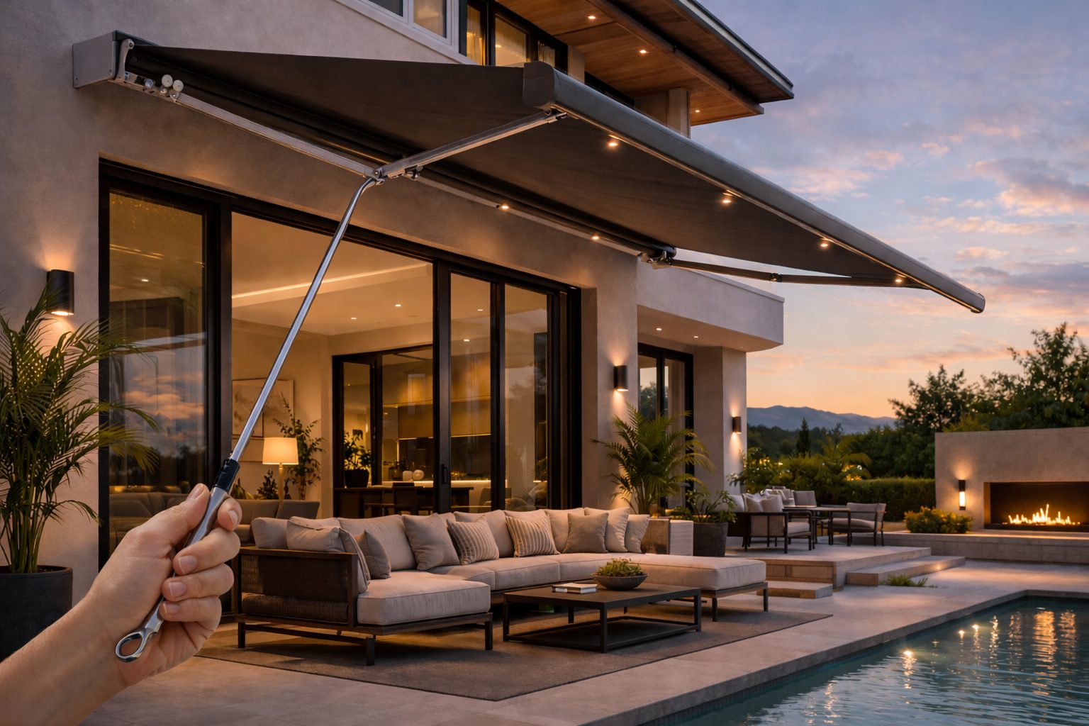 Manual crank retractable awning on a residential deck