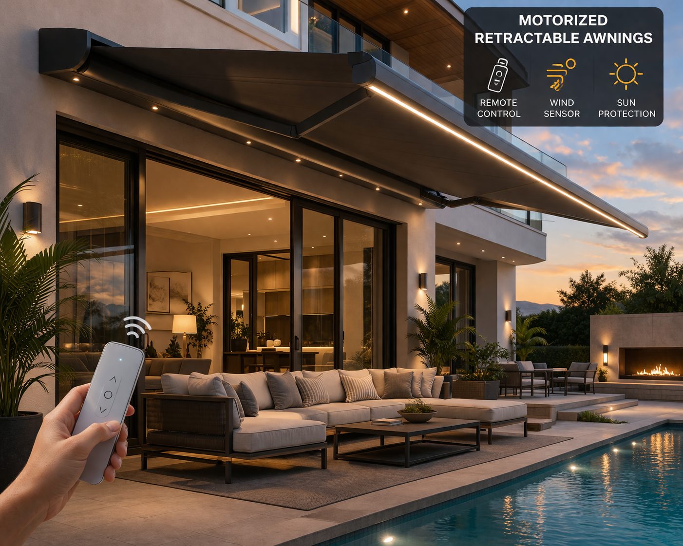 Motorized retractable awning extending over a residential patio with remote control