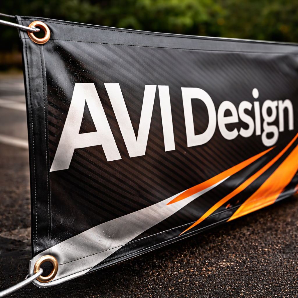 Close-up of a vibrant custom vinyl banner with grommets and hemmed edges