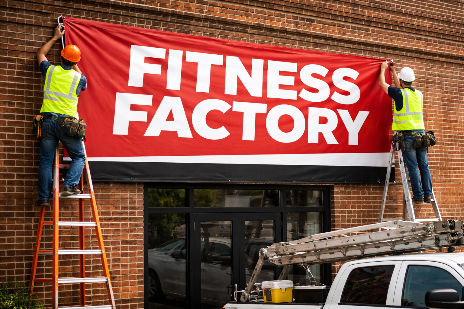 AVI Design team producing a large-format vinyl banner in their facility