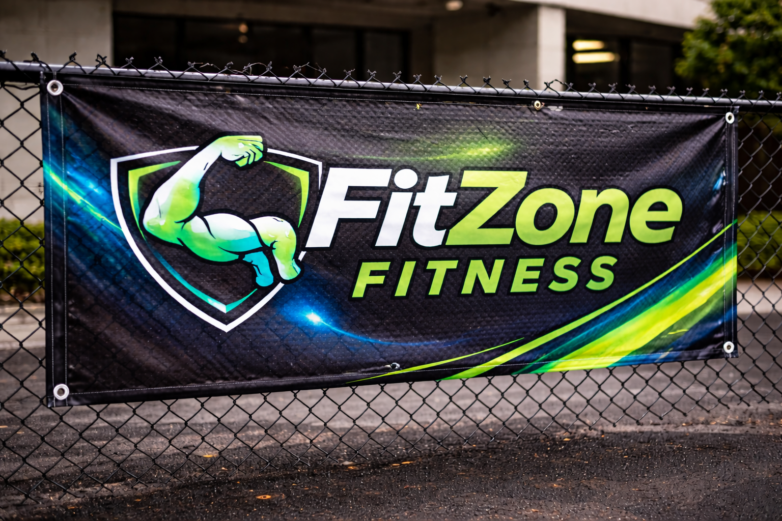 Mesh banner on a construction site fence allowing wind to pass through