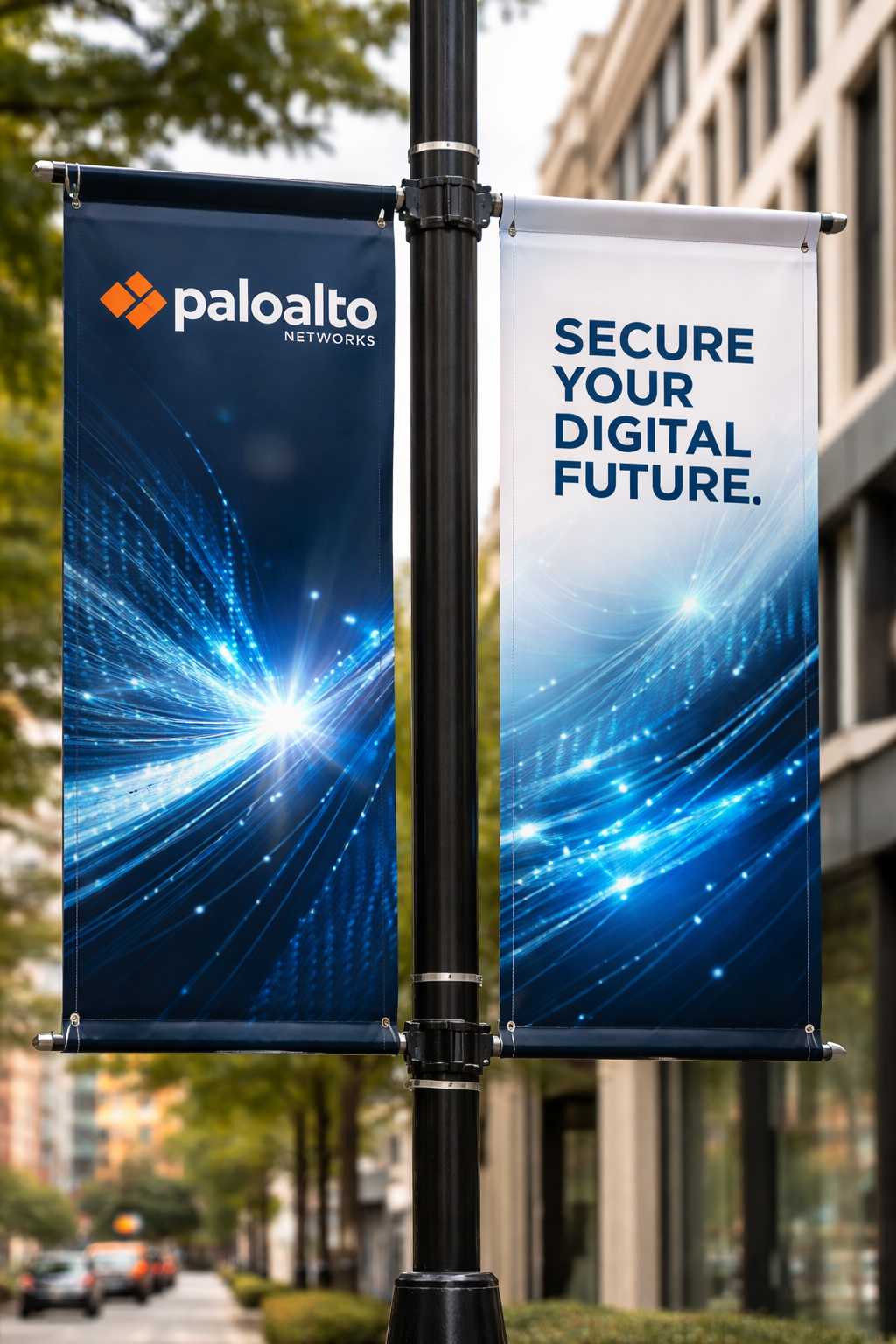 Double-sided pole banners lining a shopping center parking lot