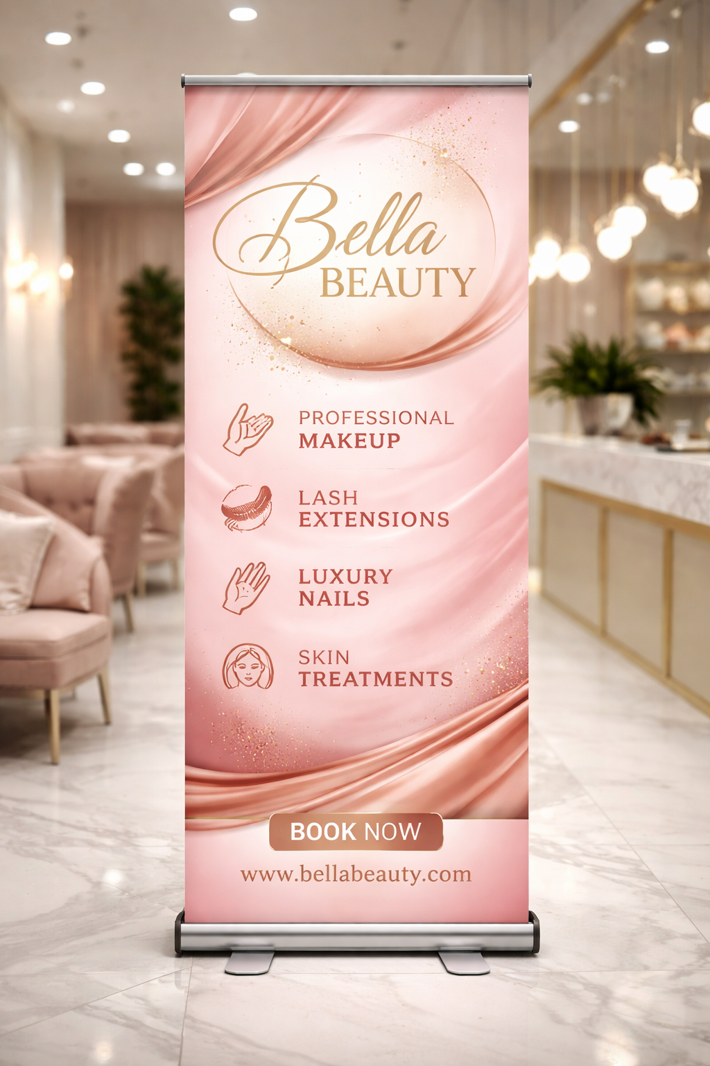 Retractable banner stand displayed at a trade show booth