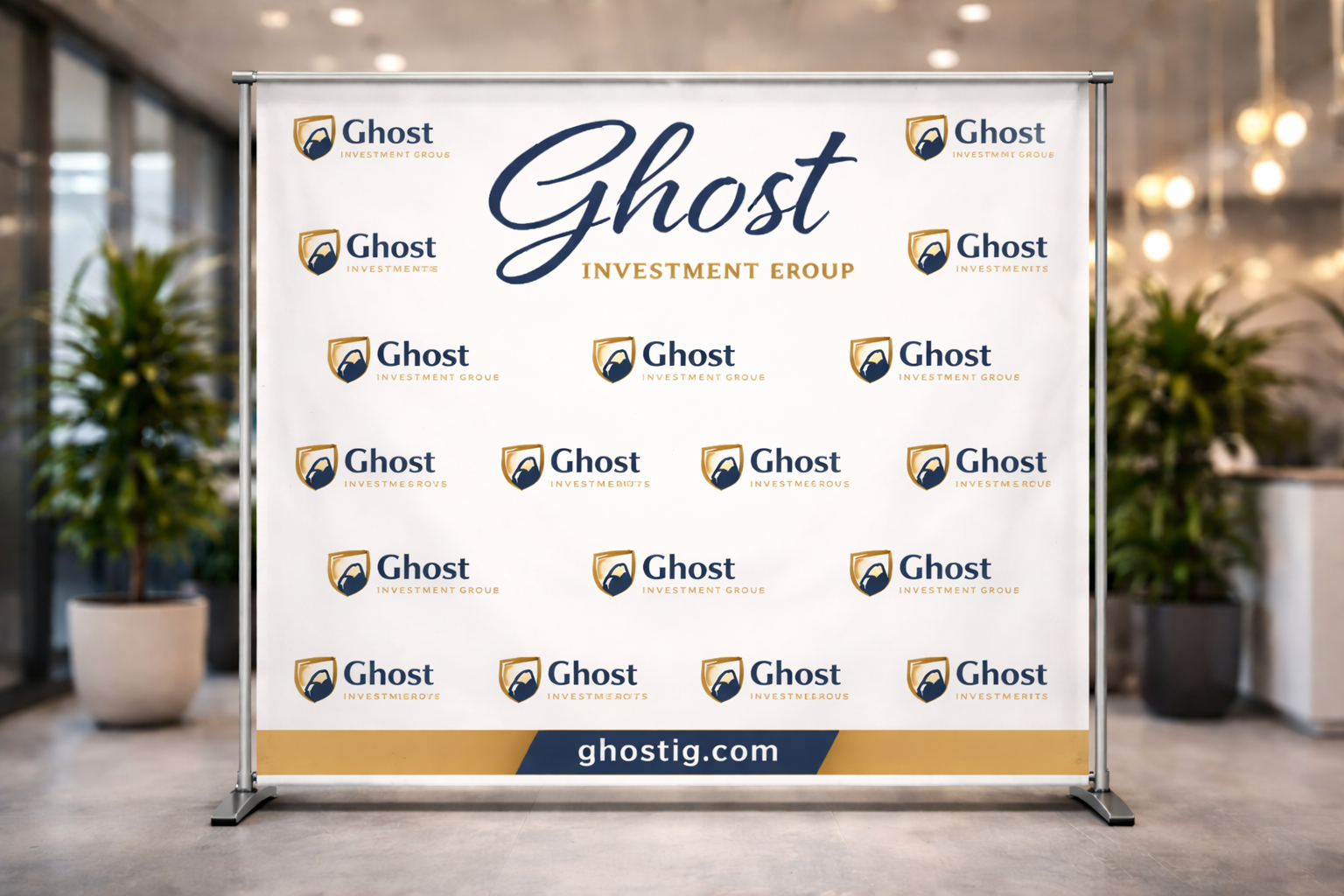 Step and repeat banner backdrop at a press event with repeating logos