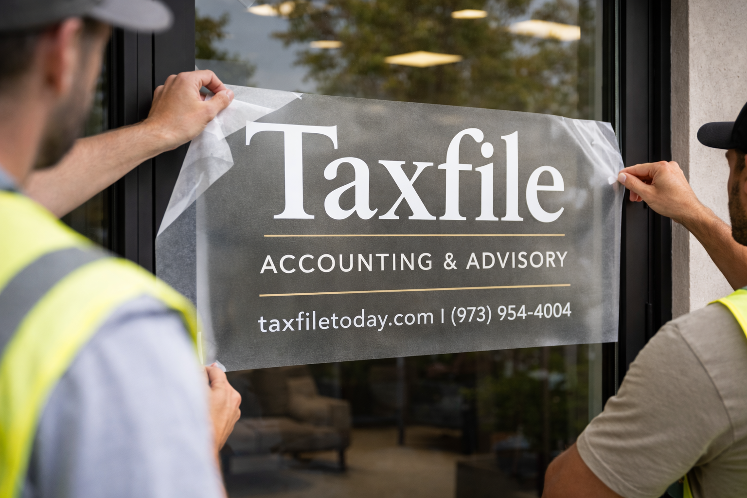 AVI Design team installing window graphics on a commercial storefront